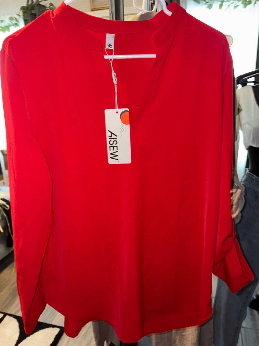Bright Red Long Sleeve Tunic Top - Aisew Large